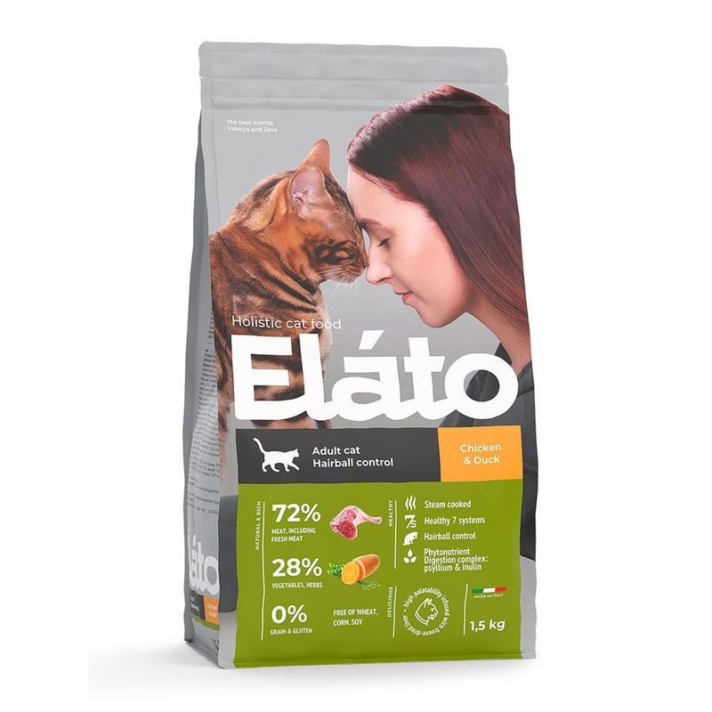 Elato Holistic сухой корм для взрослых кошек для выведения шерсти, с курицей и уткой - 300 г супер премиум холистики для взрослых с курицей мешок Италия 1 уп. х 1 шт. х 0.3 кг VК-00020430 - фото 1