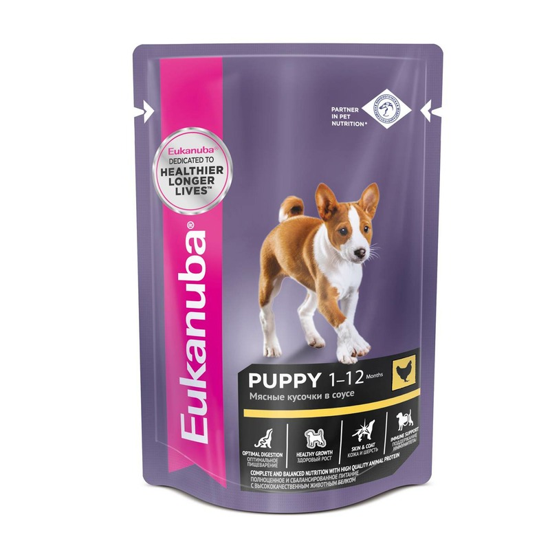 Eukanuba Puppy полнорационный влажный корм для щенков, беременных и кормящих собак, с курицей, кусочки в соусе, в паучах - 85 г цена и фото