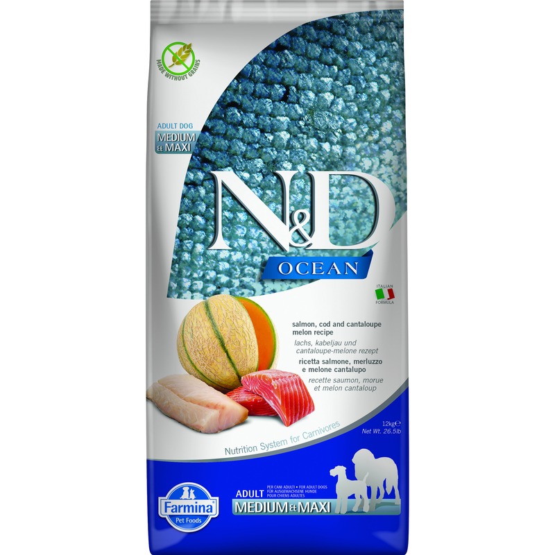 Farmina N&D Ocean Cantaloupe Melon Adult Medium&Maxi сухой корм для взрослых собак средних и крупных пород с лососем, треской и дыней