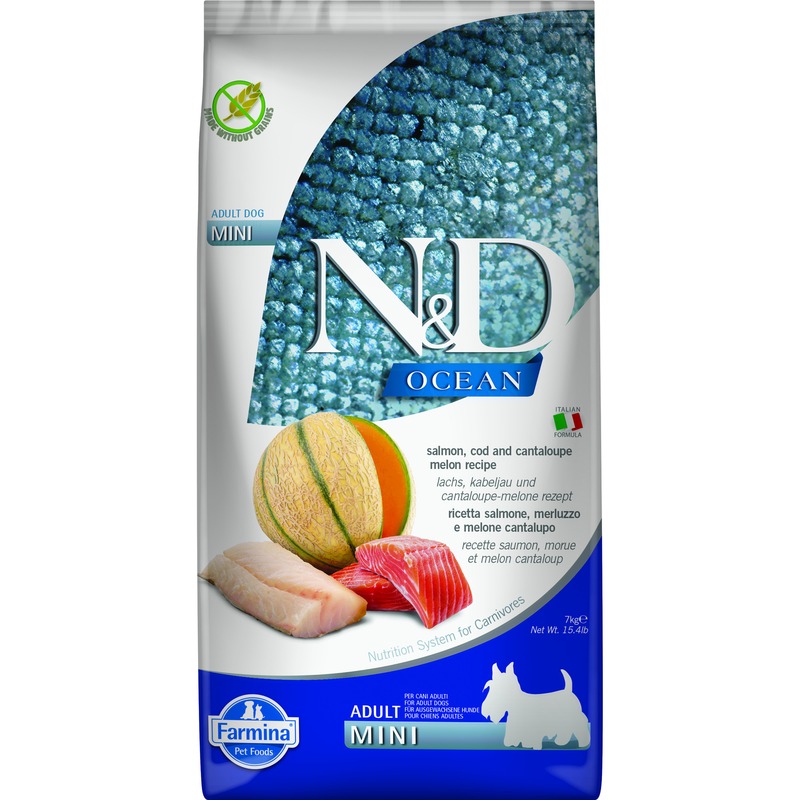 Farmina N&D Ocean Cantaloupe Melon Adult Mini сухой корм для взрослых собак мелких пород с лососем, треской и дыней мелких пород цена и фото