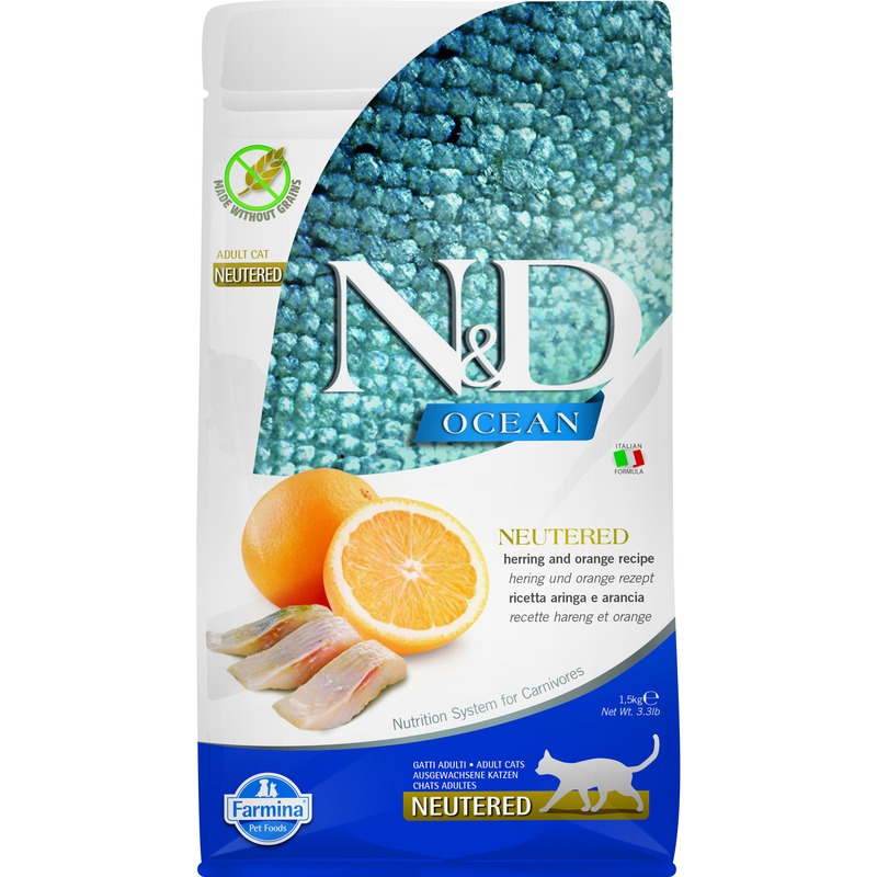 цена Farmina N&D Ocean Herring & Orange Neutered Adult сухой корм для стерилизованных кошек с сельдью и апельсином - 1,5 кг