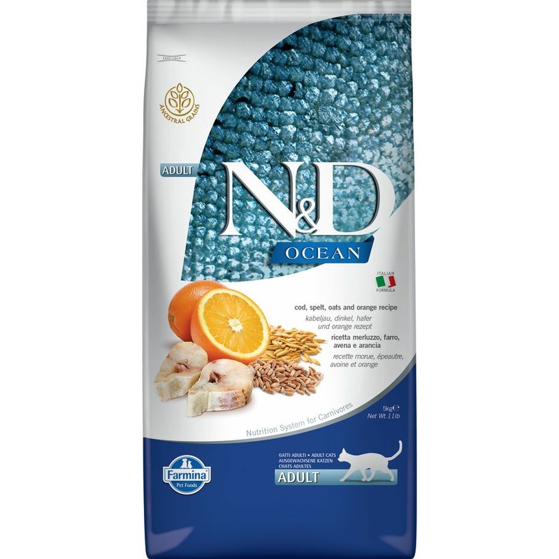 цена Farmina N&D Ocean Godfish&Orange Adult сухой низкозерновой корм для кошек с треской - 5 кг