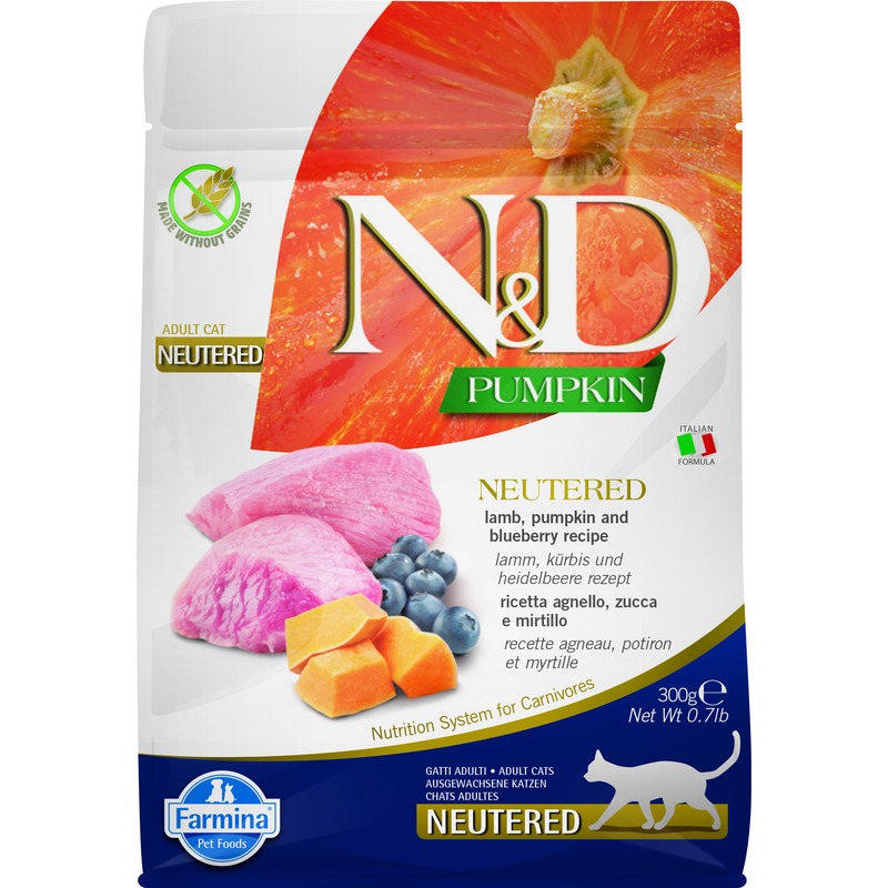 цена Farmina N&D Pumkin Lamb & Blueberry Neutered сухой корм для стерилизованных кошек с тыквой, ягненком и черникой - 300 г