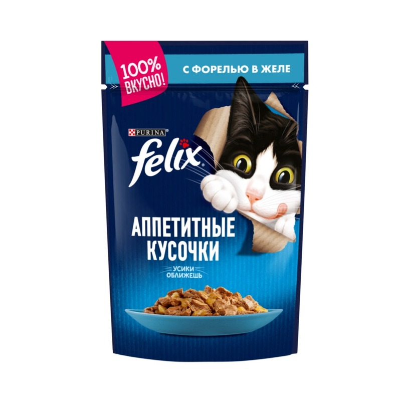 Felix Аппетитные кусочки полнорационный влажный корм для кошек, с форелью, кусочки в желе, в паучах - 85 г
