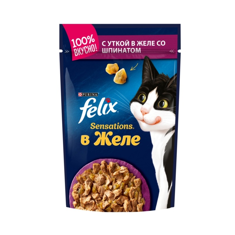 Felix Sensations полнорационный влажный корм для кошек, с уткой и шпинатом, кусочки в желе, в паучах - 85 г