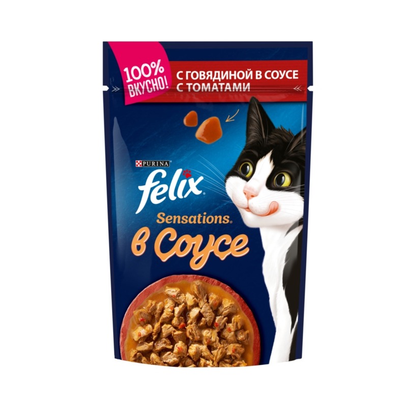 Felix Sensations полнорационный влажный корм для кошек, с говядиной и томатами, кусочки в соусе, в паучах - 85 г