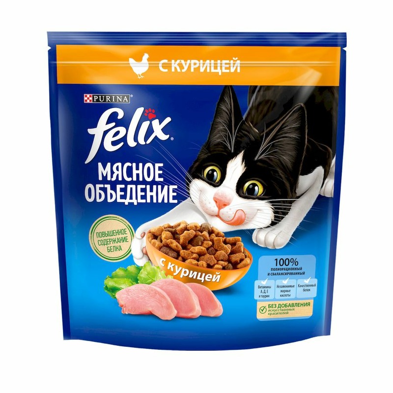 Felix Мясное объедение полнорационный сухой корм для кошек, с курицей сухой корм для кошек felix скурицей 600 г