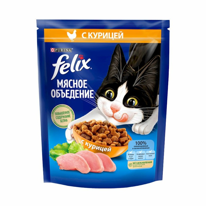 Felix Мясное объедение полнорационный сухой корм для кошек, с курицей - 200 г