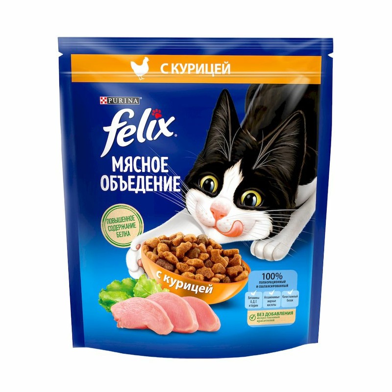 Felix Мясное объедение полнорационный сухой корм для кошек, с курицей - 600 г