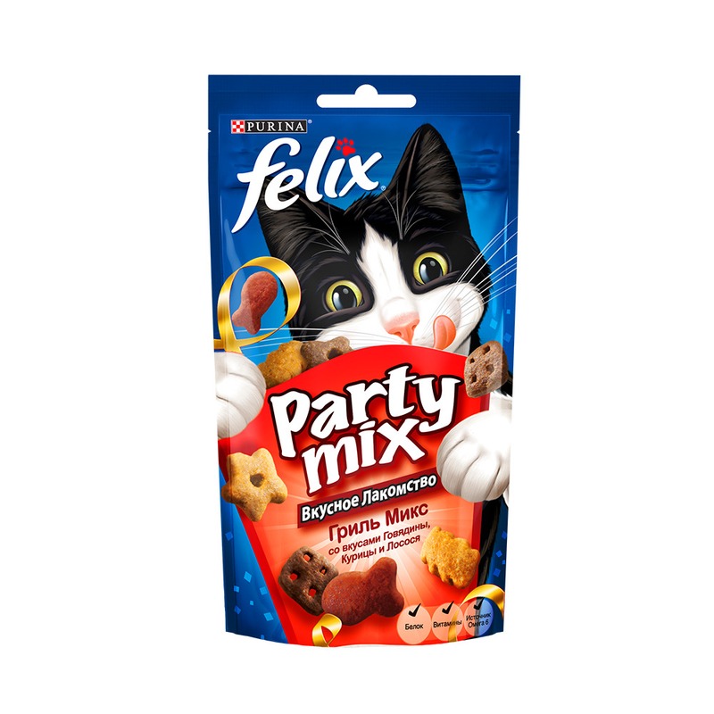 FELIX Party Mix лакомство для кошек гриль микс говядина, курица, лосось 60 г