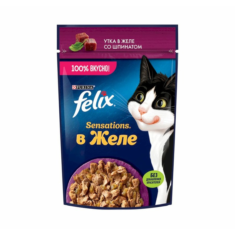 цена Felix Sensations полнорационный влажный корм для кошек, с уткой и шпинатом, кусочки в желе, в паучах - 75 г