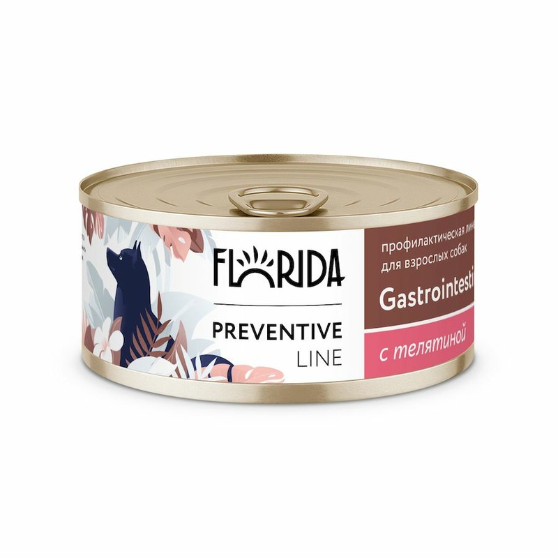 цена Florida Preventive Line Gastrointestinal полнорационный влажный корм для собак, поддержание здоровья пищеварительной системы, с телятиной, кусочки в желе, в консервах - 100 г