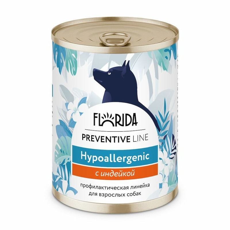 цена Florida Preventive Line Hypoallergenic полнорационный влажный корм для собак, гипоаллергенный, с индейкой, кусочки в желе, в консервах - 340 г