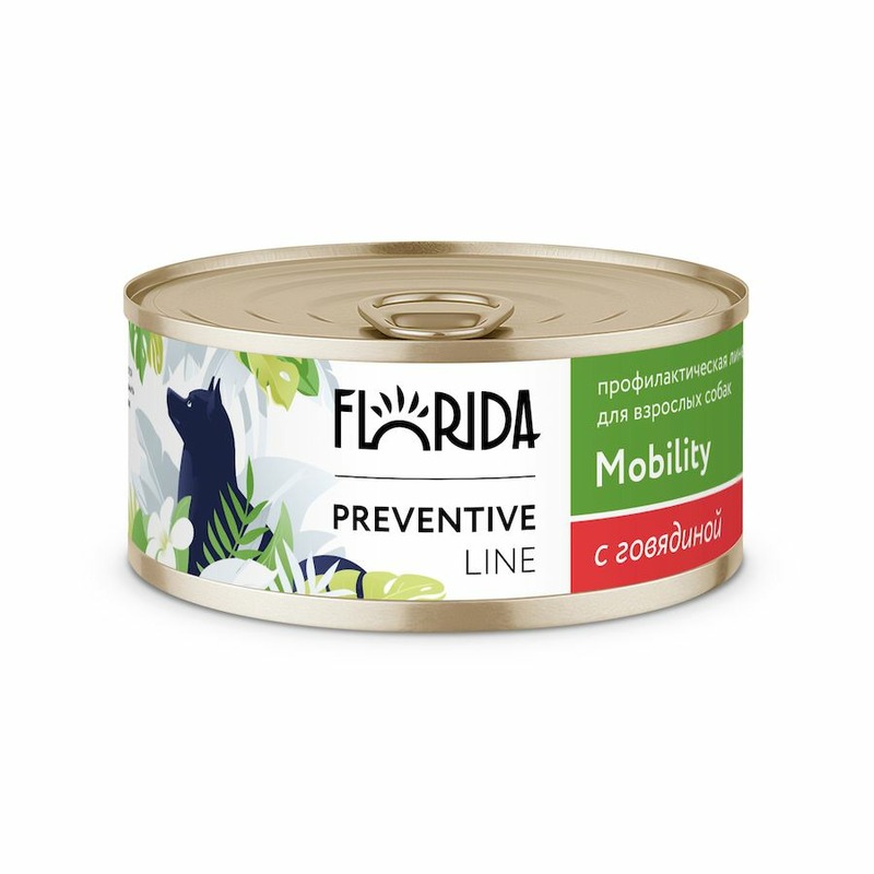 Florida Preventive Line Mobility полнорационный влажный корм для собак, профилактика болезней опорно-двигательного аппарата, с говядиной, кусочки в желе, в консервах - 100 г