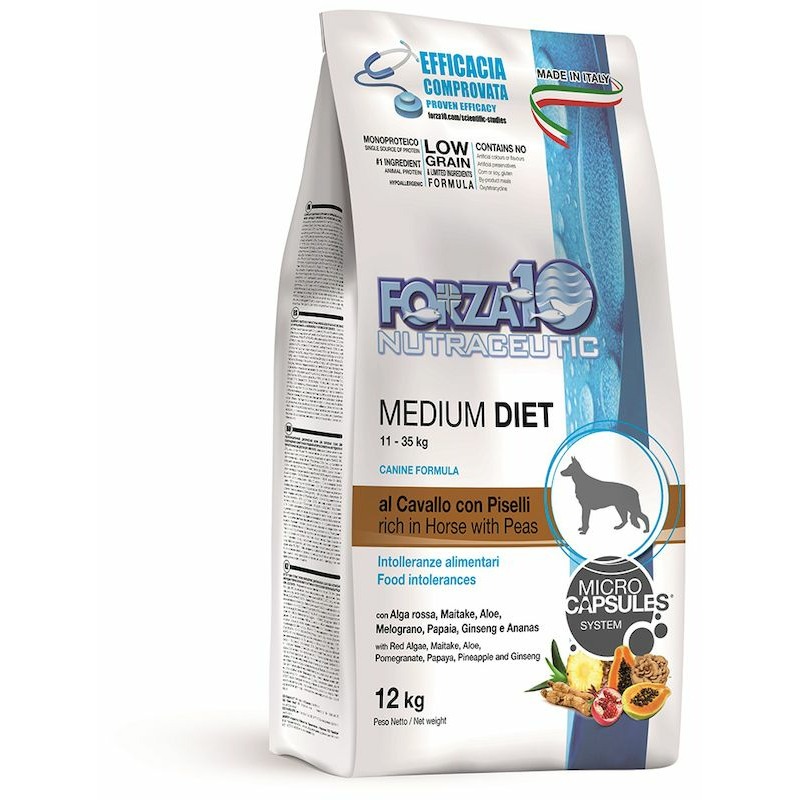 Forza10 Med Diet Low Grain Cav полнорационный диетический корм для взрослых собак средних пород из конины, гороха и риса с микрокапсулами - 12 кг forza10 intestinal colon fase полнорационный диетический корм для взрослых собак с рыбой 4 кг