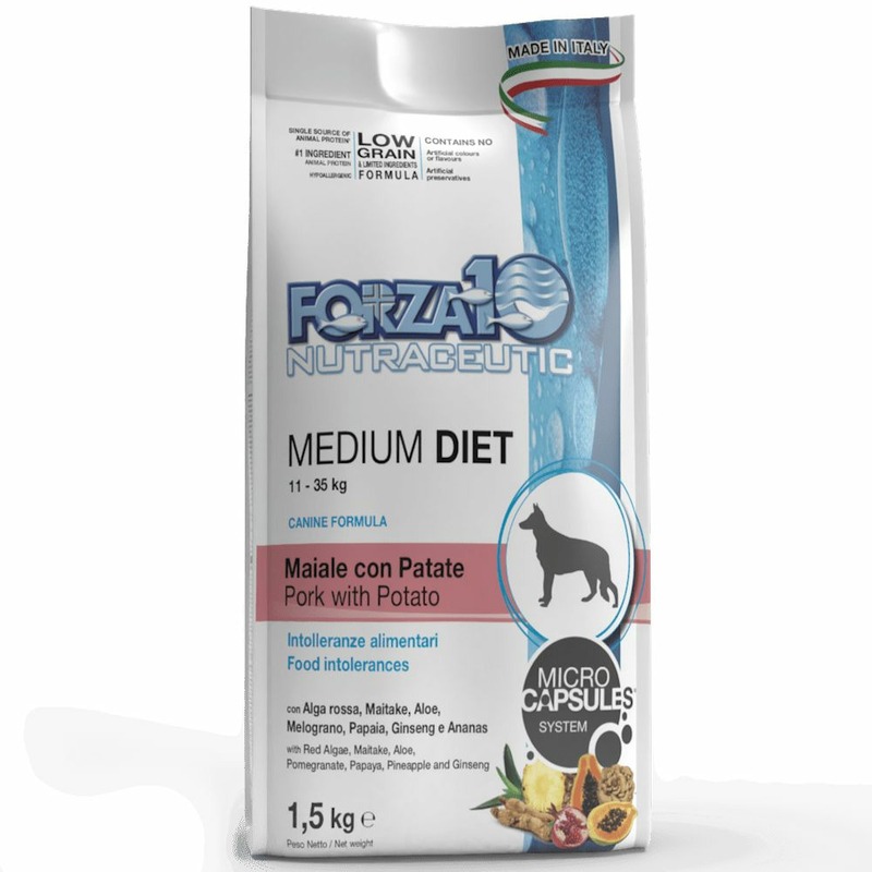 Forza10 Medium Diet Low Grain полнорационный диетический корм для взрослых собак средних пород из свинины, картофеля и риса с микрокапсулами - 12 кг forza10 intestinal colon fase полнорационный диетический корм для взрослых собак с рыбой 4 кг