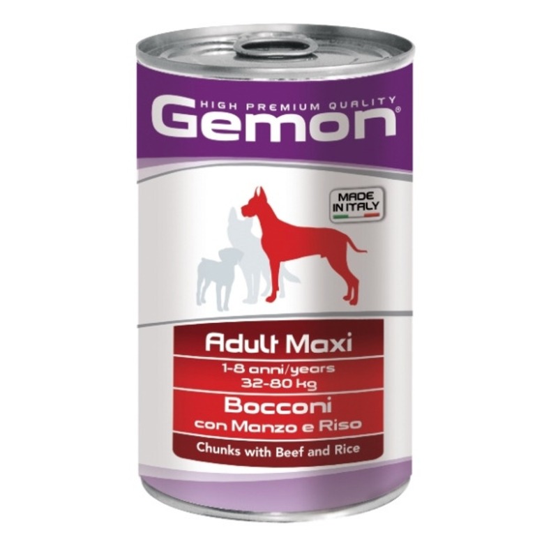 корм для кошек gemon кусочки говядины банка 415г Gemon Dog Maxi полнорационный влажный корм для собак крупных пород, с говядиной и рисом, кусочки в соусе, в консервах - 1250 г