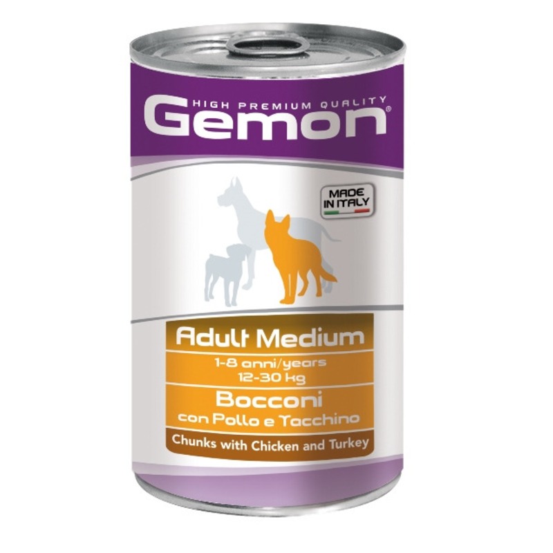 цена Gemon Dog Medium полнорационный влажный корм для собак средних пород, с курицей и индейкой, кусочки в соусе, в консервах - 1250 г
