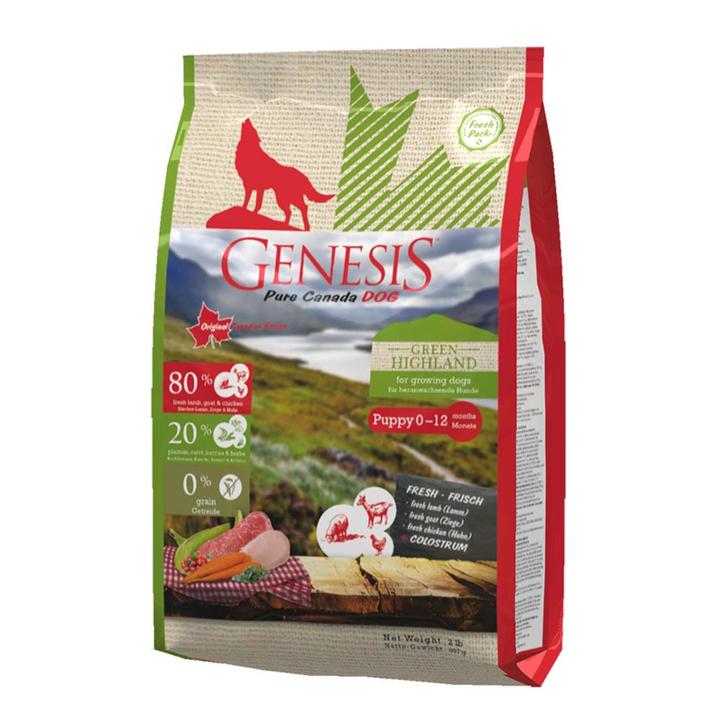 Genesis Pure Canada Green Highland Puppy для щенков, юниоров, беременных и кормящих взрослых собак всех пород с курицей, козой и ягненком 907 г