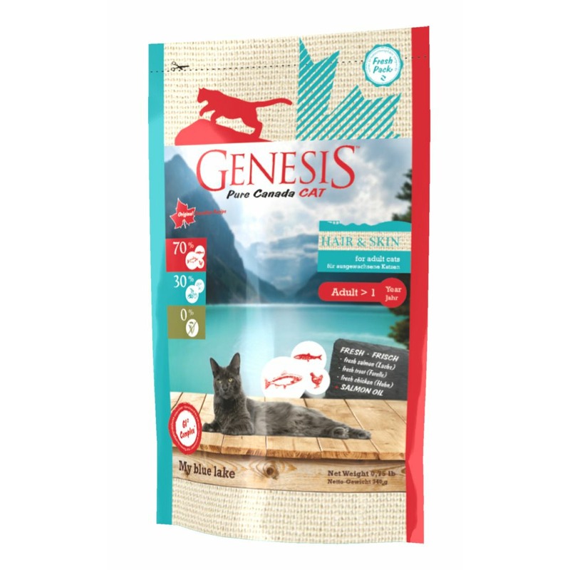 цена Genesis Pure Canada My Blue Lake Hair Skin для взрослых кошек, для улучшения кожи и шерсти с лососем, форелью и курицей - 340 г