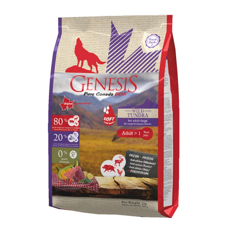 цена Genesis Pure Canada Wild Taiga Soft полувлажный корм для взрослых собак всех пород с мясом дикого кабана, северного оленя и курицы - 907 г