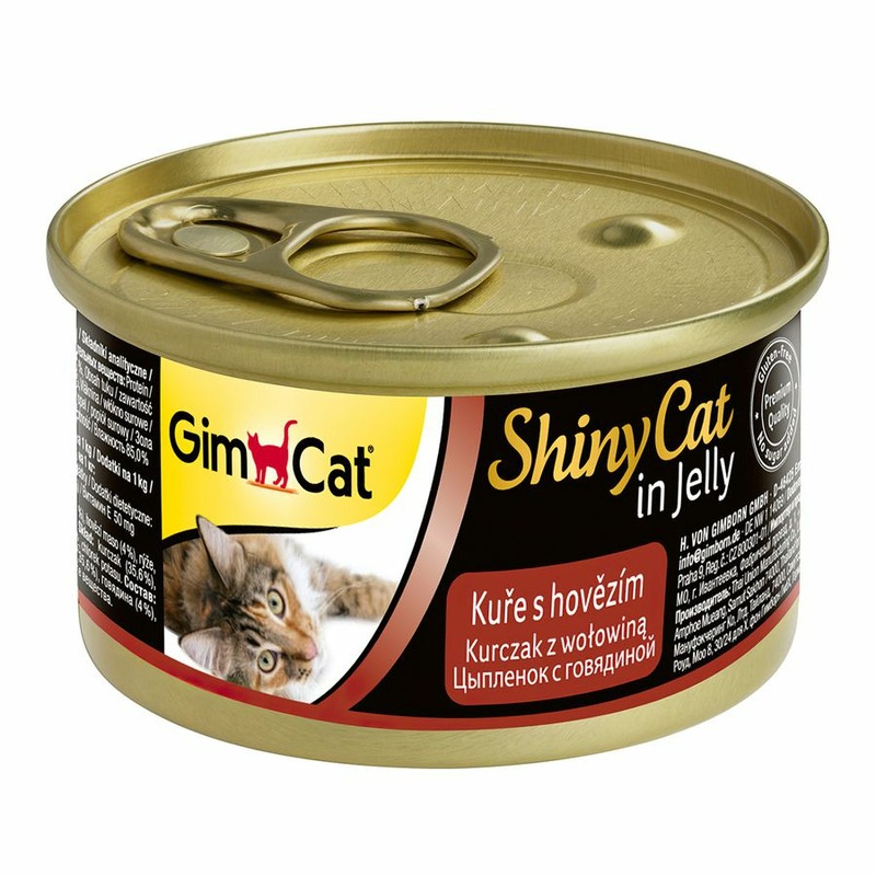 GimCat ShinyCat влажный корм для кошек, из цыпленка с говядиной, кусочки в желе, в консервах - 70 г gimcat shinycat влажный корм для кошек из тунца с креветками кусочки в желе в консервах 70 г