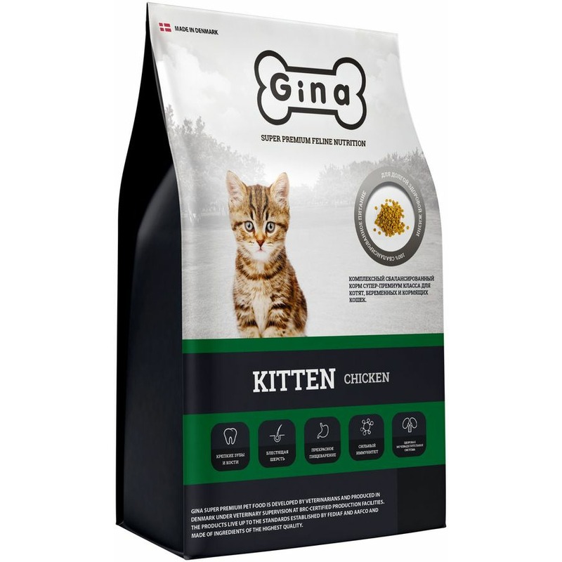 Gina Kitten полнорационный сухой корм для котят, беременных и кормящих кошек, с курицей и уткой радостин витаминно минеральный комплекс для беременных и кормящих кошек таблетки 90шт