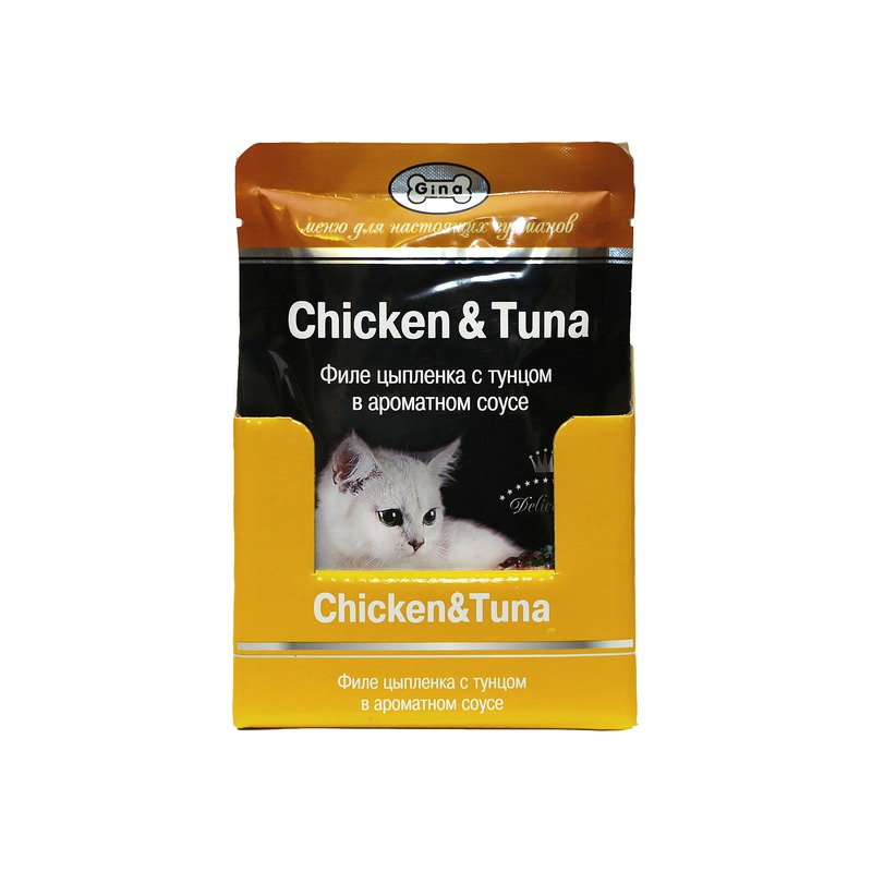 Gina влажный корм для кошек, с тунцом и цыпленком, кусочки в соусе, в паучах - 85 г филе цыпленка петруха халяль 850 г