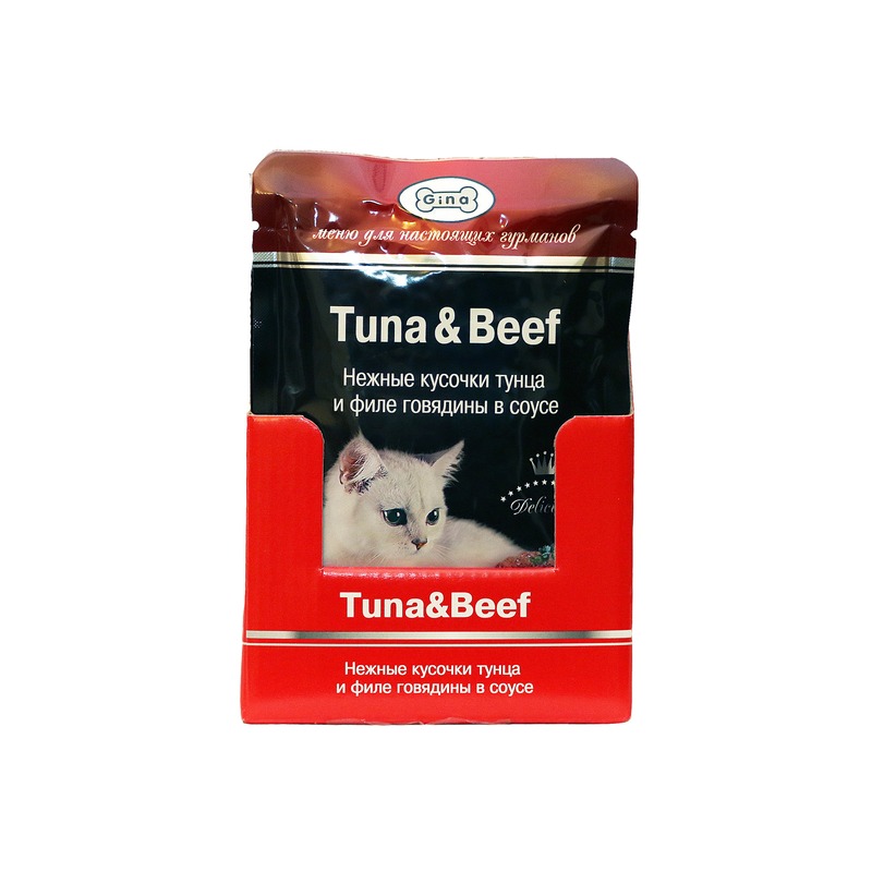 Gina влажный корм для кошек, с тунцом и говядиной, кусочки в соусе, в паучах - 85 г тунец полосатый натуральный морской котик стерилизованный филе 170 г