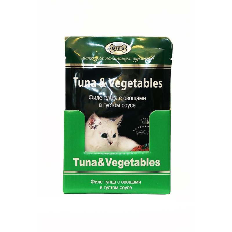 Gina влажный корм для кошек, с тунцом и овощами, кусочки в соусе, в паучах - 85 г gina влажный корм для кошек с тунцом и цыпленком кусочки в соусе в паучах 85 г