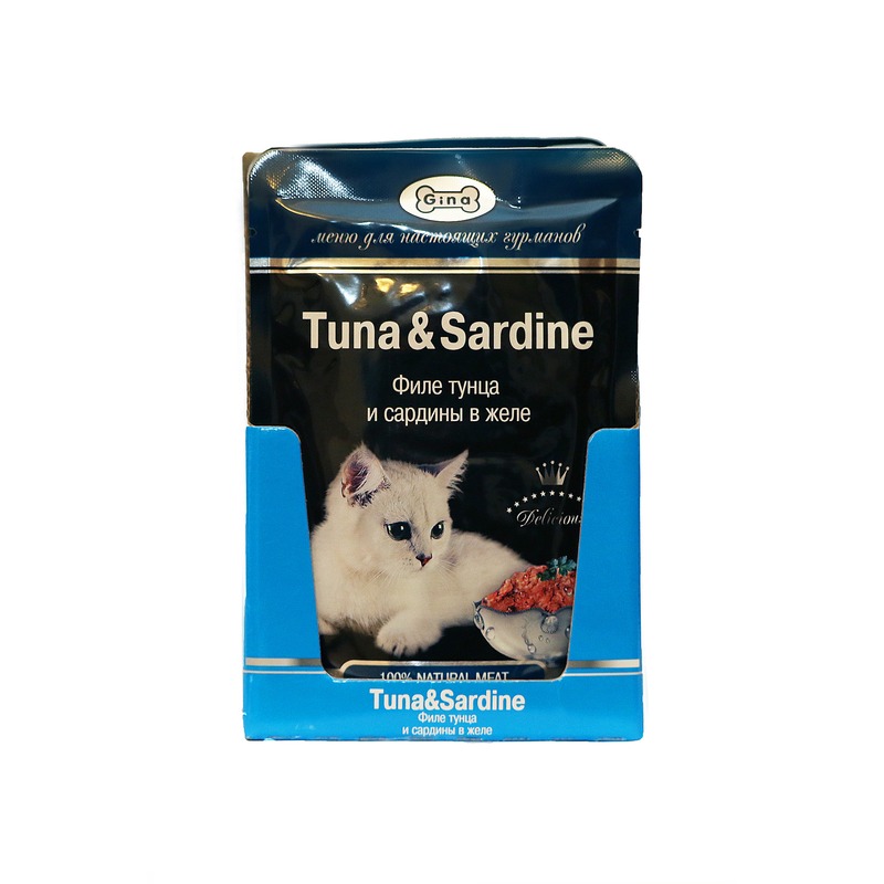 Gina влажный корм для кошек, с тунцом и сардинами, кусочки в желе, в паучах - 85 г gina влажный корм для кошек с тунцом и сардинами кусочки в желе в паучах 85 г