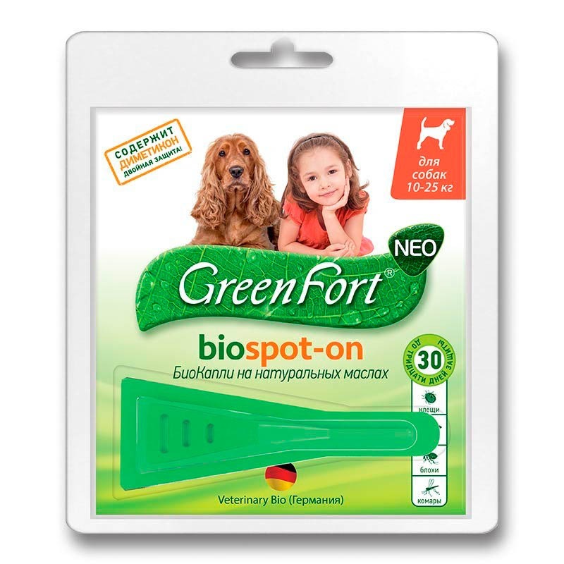 GreenFort NEO Биокапли для собак 10-25 кг от клещей, блох, вшей, власоедов, комаров, слепней 1,5 мл greenfort neo биоошейник для средних собак от клещей блох вшей власоедов комаров слепней 65 см