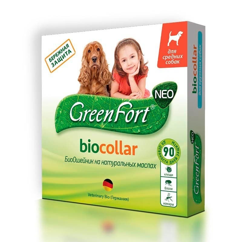 GreenFort NEO БиоОшейник для средних собак , от клещей, блох, вшей, власоедов, комаров, слепней 65 см средство противозудное lissilandia натуральный спрей для защиты кошек и собак от клещей блох и комаров