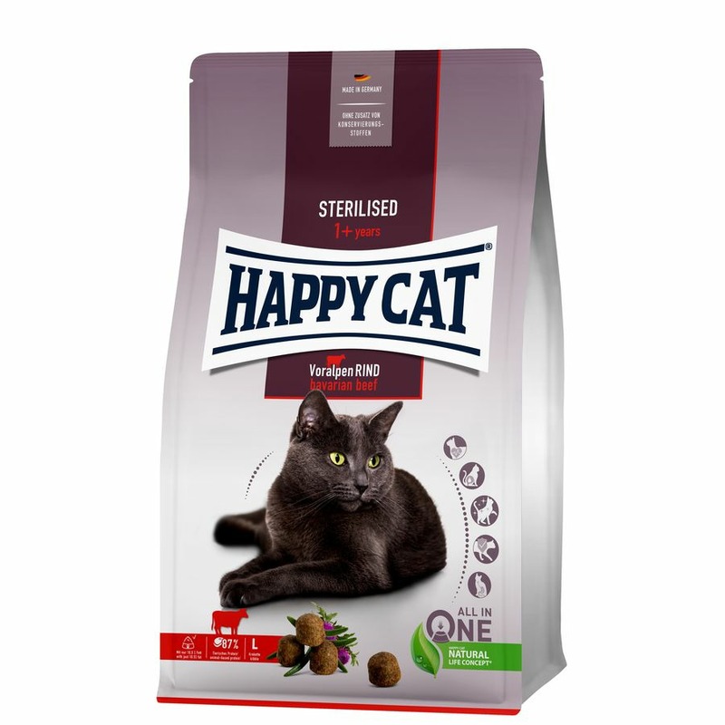цена Happy Cat Sterilised полнорационный сухой корм для стерилизованных кошек, с альпийской говядиной - 1,3 кг