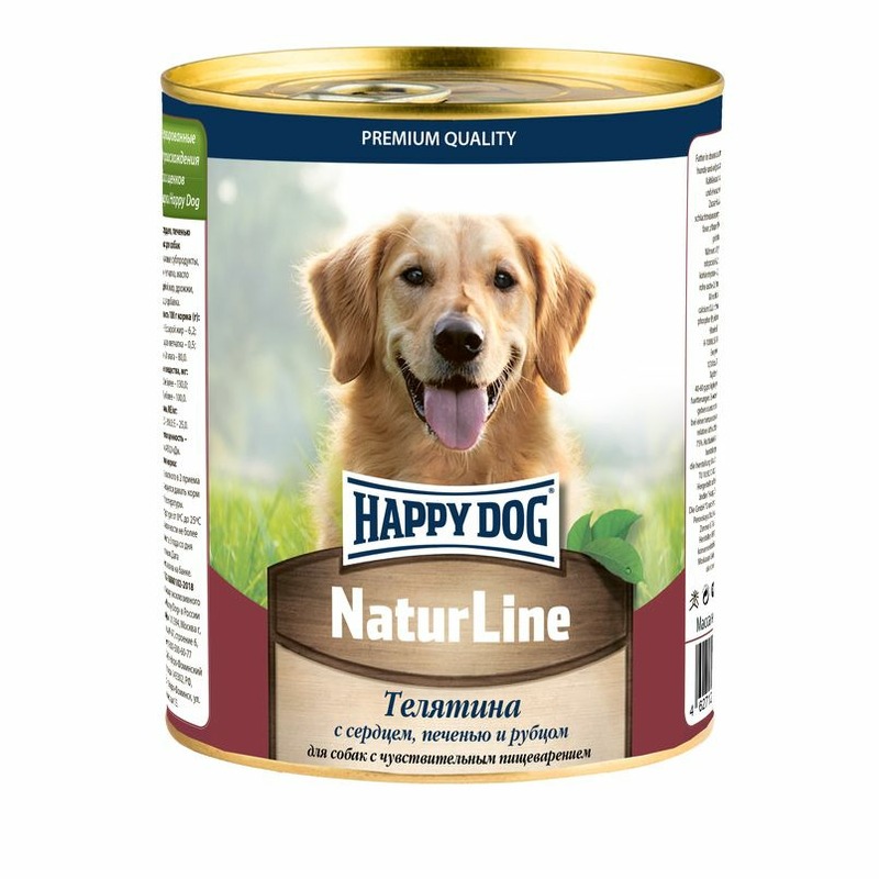 цена Happy Dog Natur Line полнорационный влажный корм для собак, фарш из телятины, сердца, печени и рубца, в консервах - 970 г