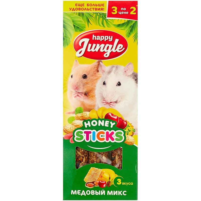 Happy Jungle лакомство для мелких грызунов медовый микс, 3 палочки - 90 г 42579