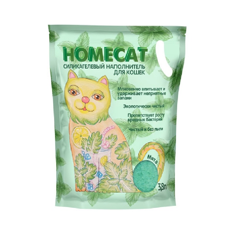 Homecat Мята силикагелевый наполнитель для кошачьих туалетов с ароматом мяты 3,8 л homecat алоэ вера силикагелевый наполнитель для кошачьих туалетов с ароматом алоэ вера 3 8 л