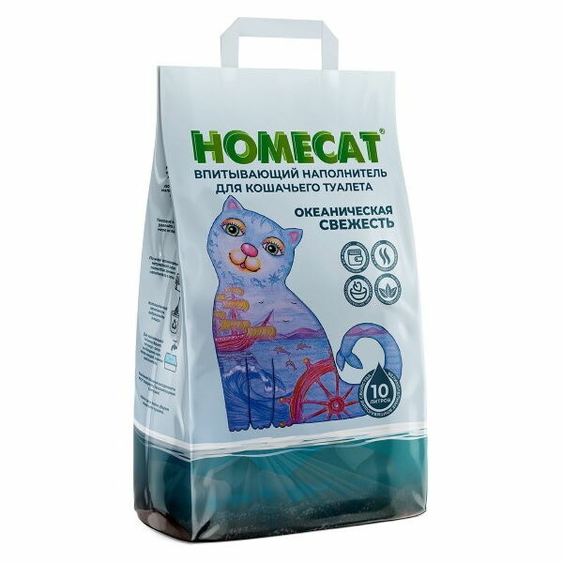Homecat Океаническая Свежесть впитывающий наполнитель - 10 л древесный впитывающий наполнитель для кошачьих туалетов 25 л