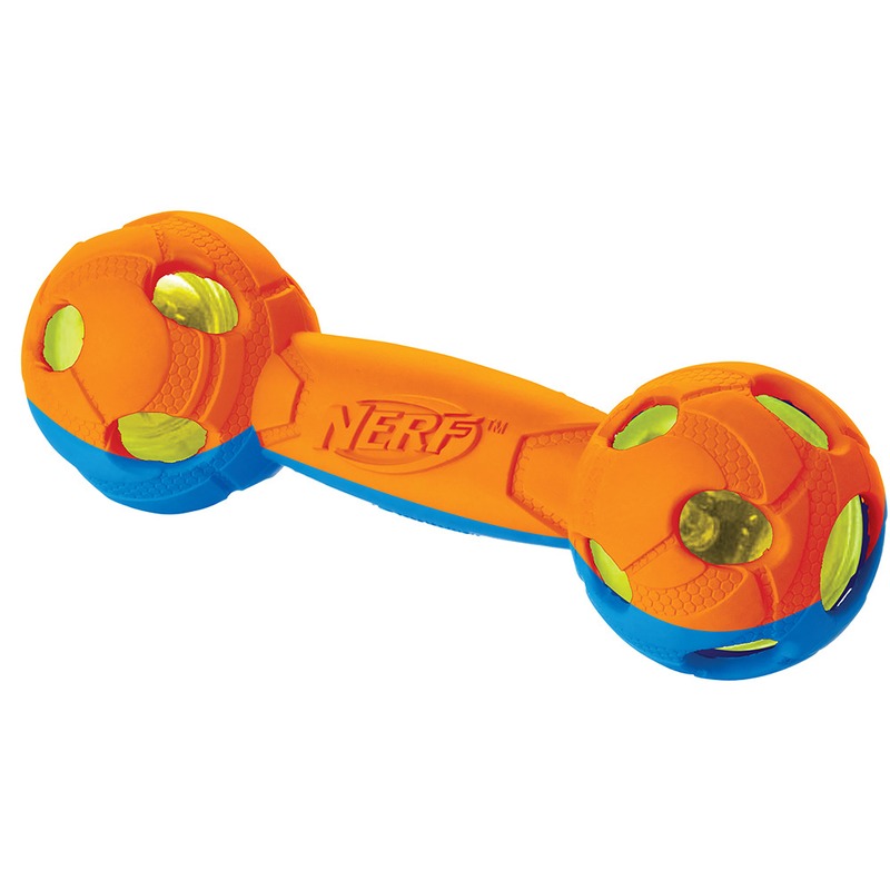 цена Игрушка для собак Nerf Гантель двухцветная светящаяся - 17,5 см