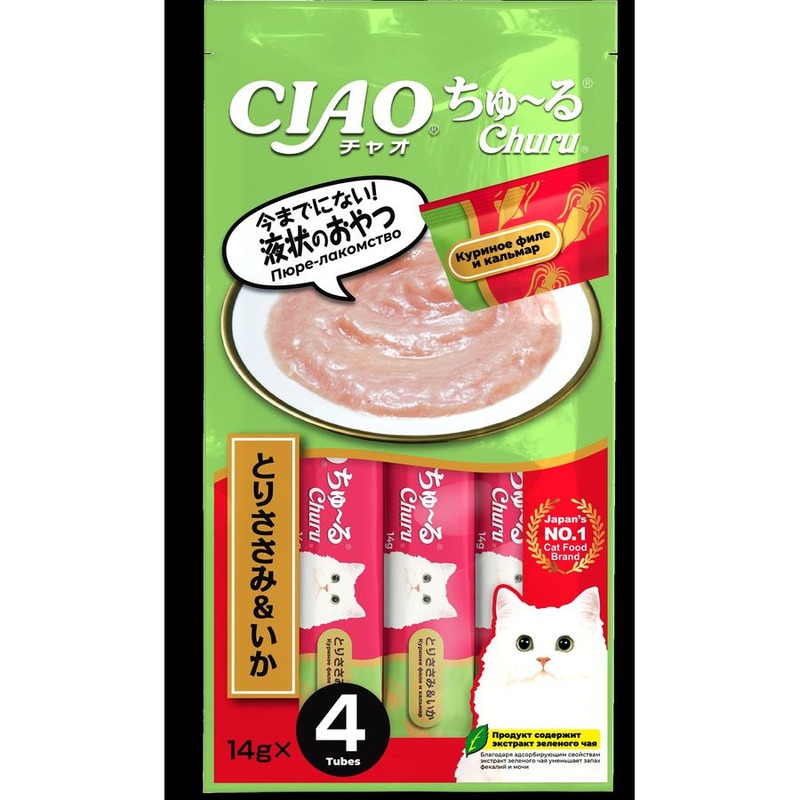 цена Inaba Ciao Churu лакомство-пюре для кошек, с куриным филе и кальмаром - 14 г, 4 шт