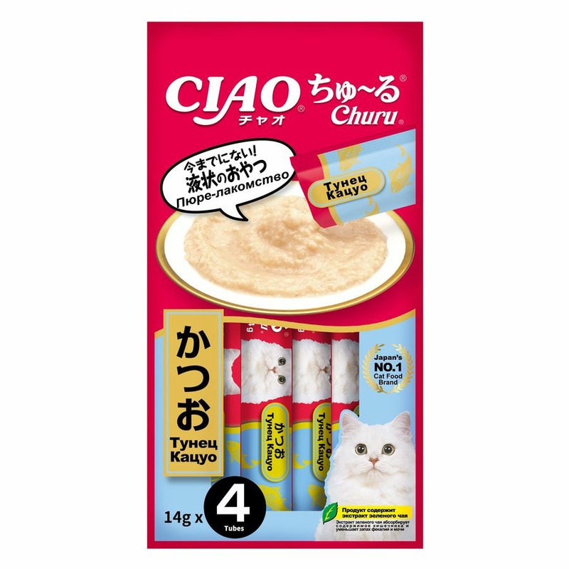 цена Inaba Ciao Churu лакомство-пюре для кошек, с тунцом кацуо - 14 г, 4 шт