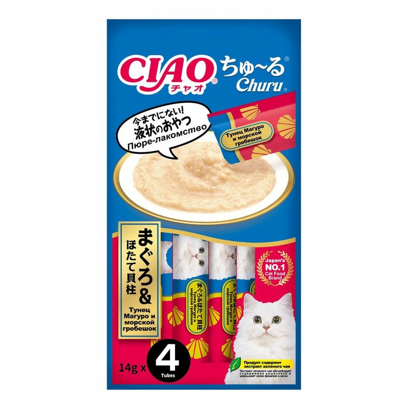 цена Inaba Ciao Churu лакомство-пюре для кошек, с тунцом магуро и морским гребешком - 14 г, 4 шт