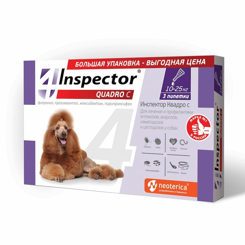 Inspector Quadro капли для собак 10-25 кг от блох, клещей и гельминтов - 3 пипетки алкотестер inspector at850