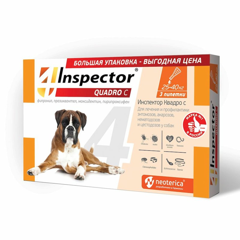 Inspector Quadro капли для собак 25-40 кг от блох, клещей и гельминтов - 3 пипетки алкотестер inspector at750