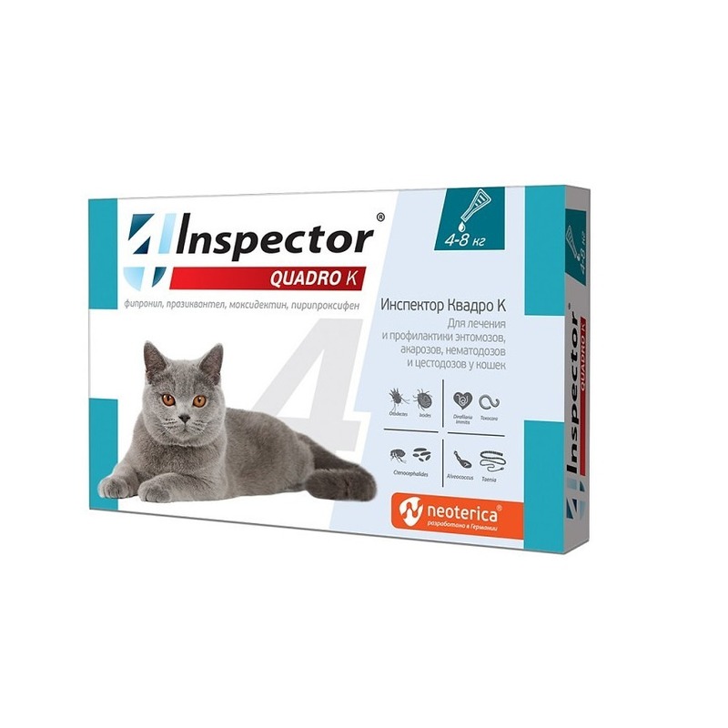 Inspector Quadro капли для кошек весом 4-8 кг от внешних и внутренних паразитов - 1 пипетка капли для кошек inspector quadro от внешних и внутренних паразитов 1 4кг 1 пипетка