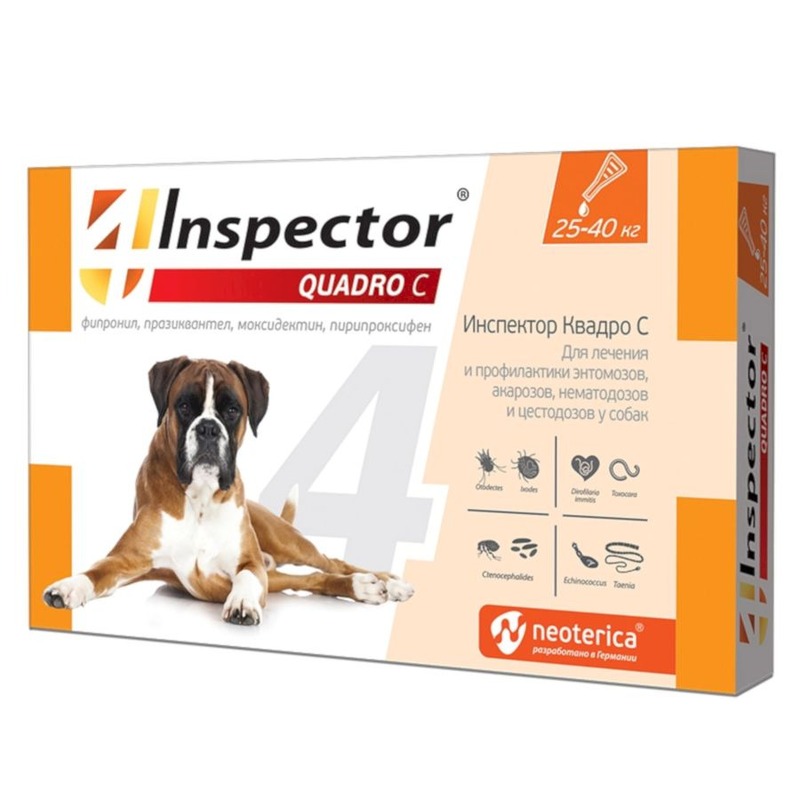Inspector Quadro капли для собак весом 25-40 кг от внешних и внутренних паразитов - 1 пипетка inspector quadro капли для собак весом 4 10 кг от внешних и внутренних паразитов 1 пипетка