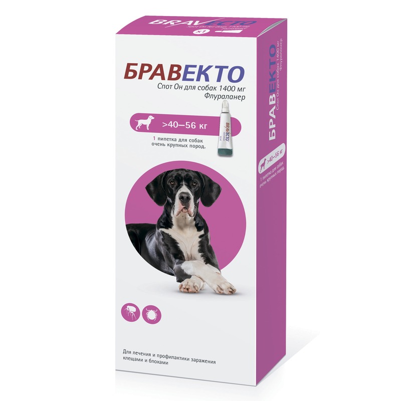 Intervet Бравекто капли от блох и клещей для собак массой от 40 до 56 кг таблетки для собак intervet бравекто от блох и клещей 40 56кг 1400мг 2 таб на 24 нед