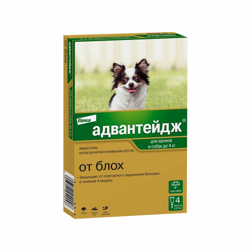 Elanco Адвантейдж капли на холку от блох для собак весом до 4 кг - 4 пипетки фото