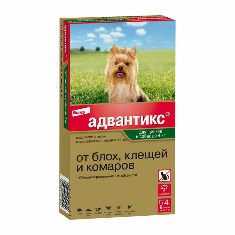Elanco Адвантикс капли от блох, клещей и комаров для щенков и собак весом от 1,5 до 4 кг - 4 пипетки адвантикс bayer капли на холку для собак более 25 кг 1 пипетка