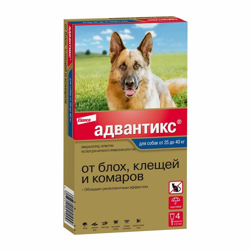Elanco Адвантикс капли от блох, клещей и комаров для собак весом более 25 кг - 4 пипетки elanco адвантейдж капли от блох для кошек весом более 4 кг 4 пипетки